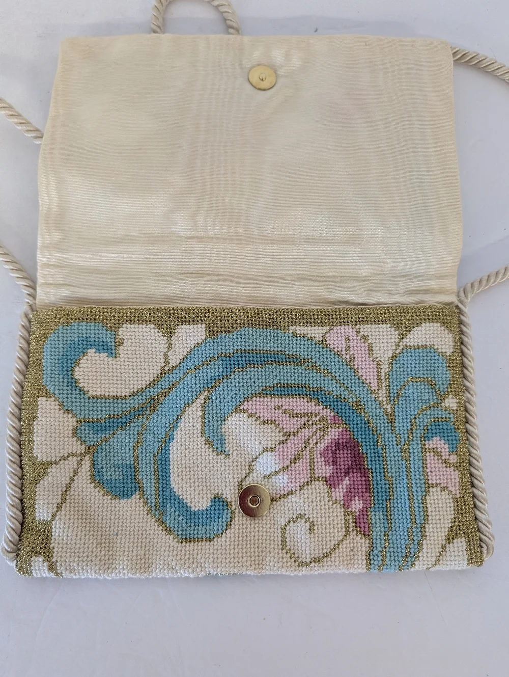 Crossbody Bag in Cream, Teal & Pink Hand Crafted.